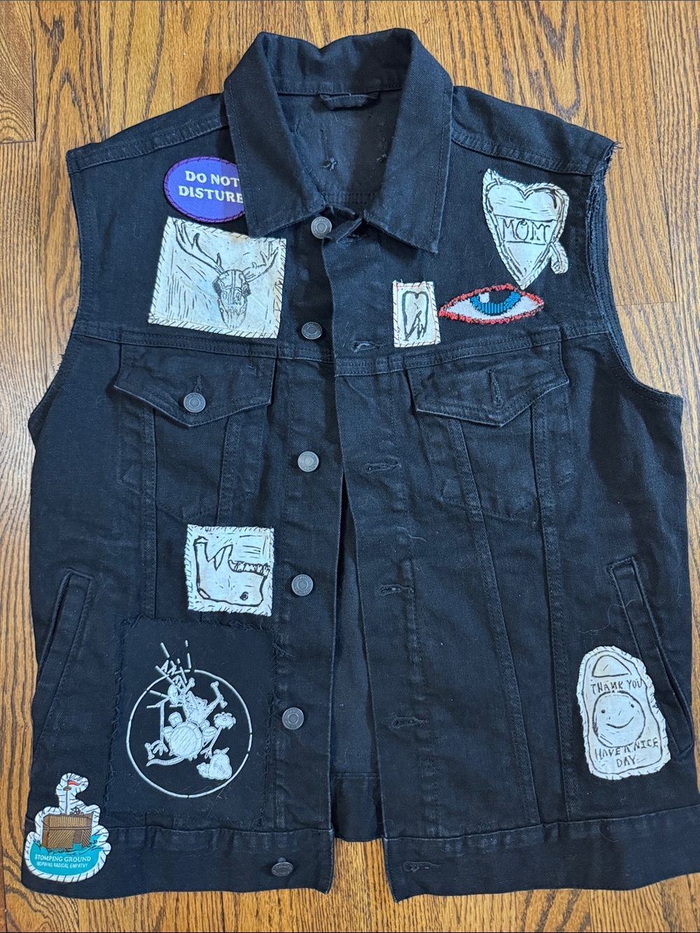 Custom Punk Grunge Black Denim Vest Patched Upcycled Old Navy M/L One of a Kind